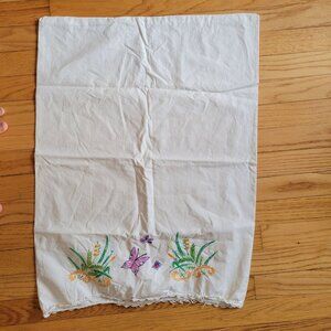 Vintage White Embroidered Pillowcase With Floral & Butterfly Design